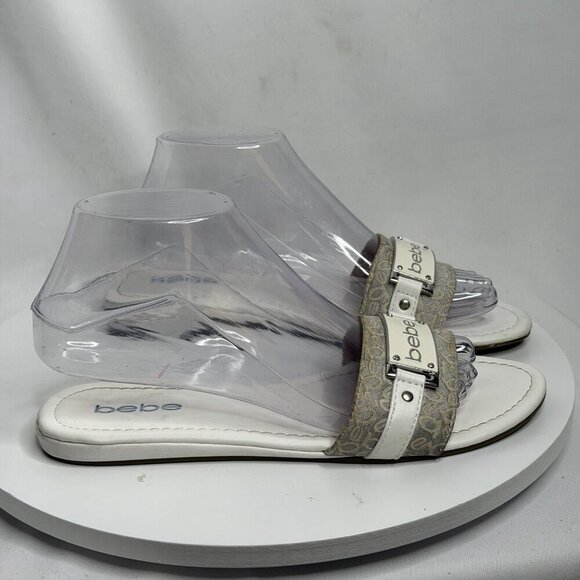 VTG 90s Y2K Bebe Beige Monogram Slide Sandals White Leather Flats Women’s 7.5 - Picture 3 of 9